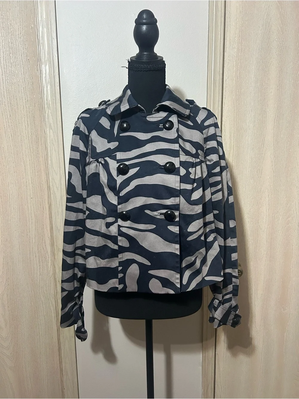 Double-Breasted Zebra Print Jacket - Black & Light Gray